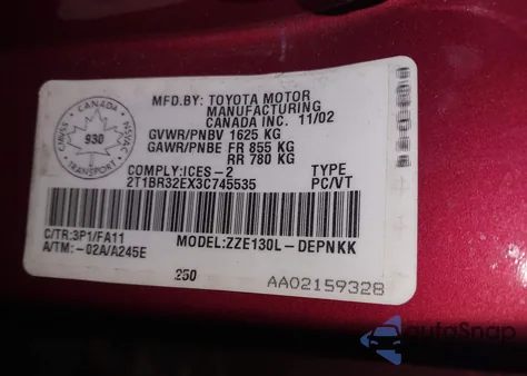 2003 Toyota Corolla Ce/Le/Sport z USA, uszkodzony, nr VIN 2T1BR32EX3C745535